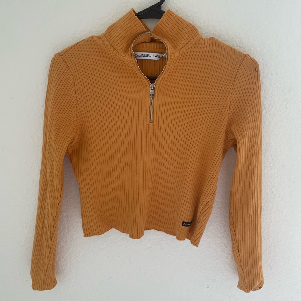 Calvin Klein Jeans Tan Cropped Ribbed Hoodie